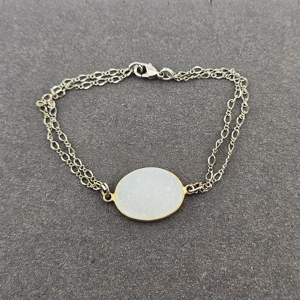 Silver Tone Druzy Stone Center Chain Bracelet Sparkle Boho Whimsical Fairy